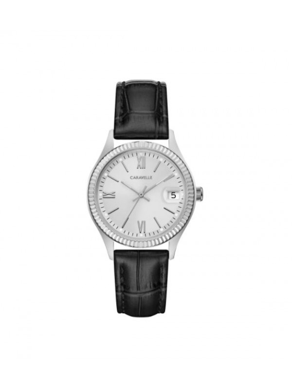 Bulova women's black leather strap watch clearance