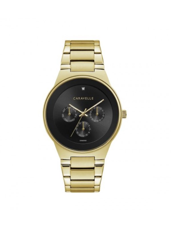 Caravelle by Bulova Mens 44D102 Gold-Tone Multifunction Black Dial Bracelet Watch