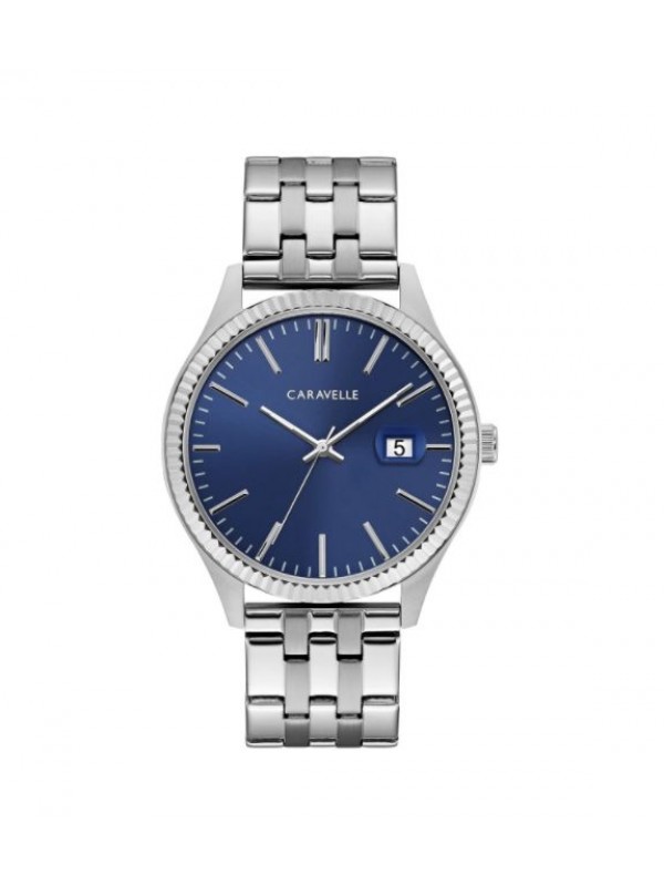 Caravelle Designed by Bulova Men's 43B151 Stainless Coin Edge Bezel Blue Dial Bracelet Watch