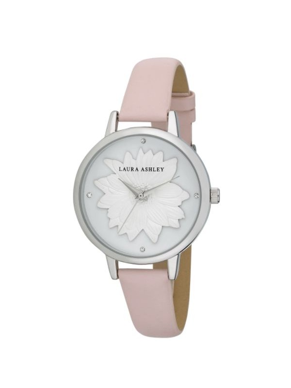 Laura Ashley Womens Silver Round "Flower" Dial Strap Watch