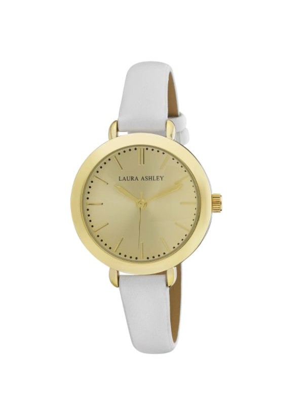 Laura Ashley Ladies Round Gold Case with a White Strap Watch