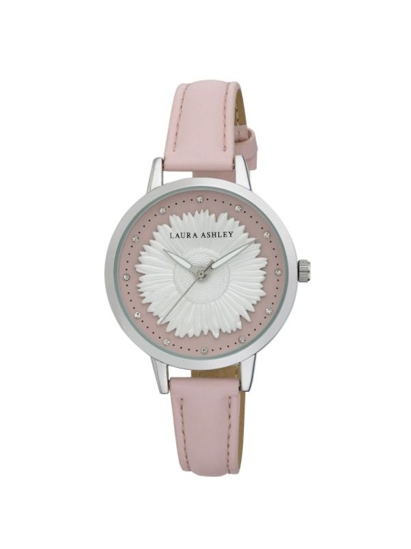 Laura Ashley Womens Silver Round "Sunflower" Dial Strap Watch