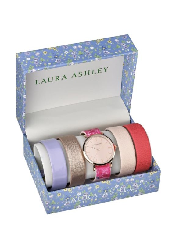 Laura Ashley Womens LASS1101RG Rose Gold Case Floral Strap Watch Set Interchangeable Straps