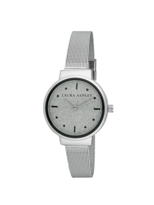 Laura Ashley Spray Silver Black Mesh Powered Glitz Dial Watch