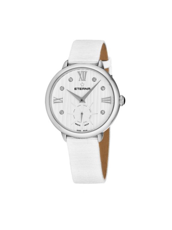 Eterna Women's 2801.41.96.1406 'Eternity' White Diamond Dial White Gros Grain Strap Small Seconds Watch