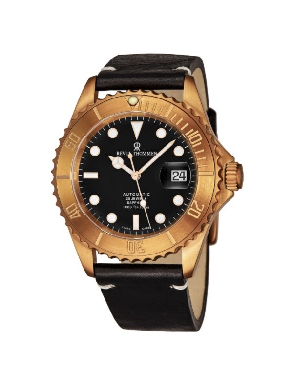 Revue Thommen Men's 1757.2597 'Diver' Black Dial Black Leather Strap Date Automatic Watch