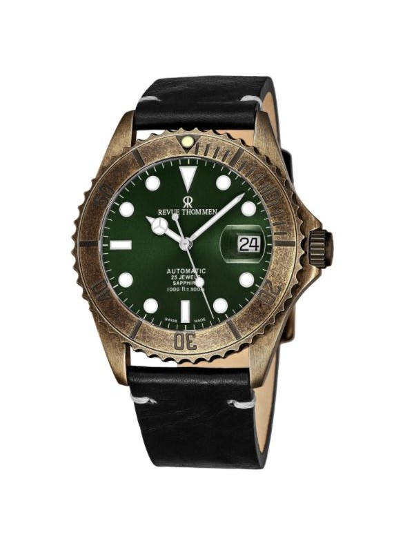 Revue Thommen 17571.2583 'Diver' Green Dial Black Leather Strap Date Automatic Watch