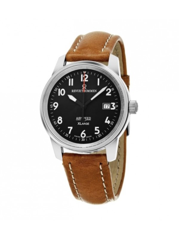Revue Thommen Men's 16052.2537 'Air speed XL' Black Dial Brown Leather Strap Swiss Mechanical Watch