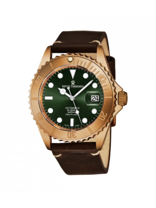 Revue Thommen Men's 17571.2594 'Diver' Green Dial Brown Leather Strap Bronze/Steel Automatic Watch