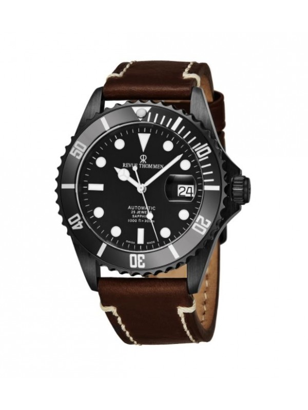 Revue Thommen Men's 17571.2534 'Diver' Black Dial Light Brown Leather Strap Swiss Automatic Watch