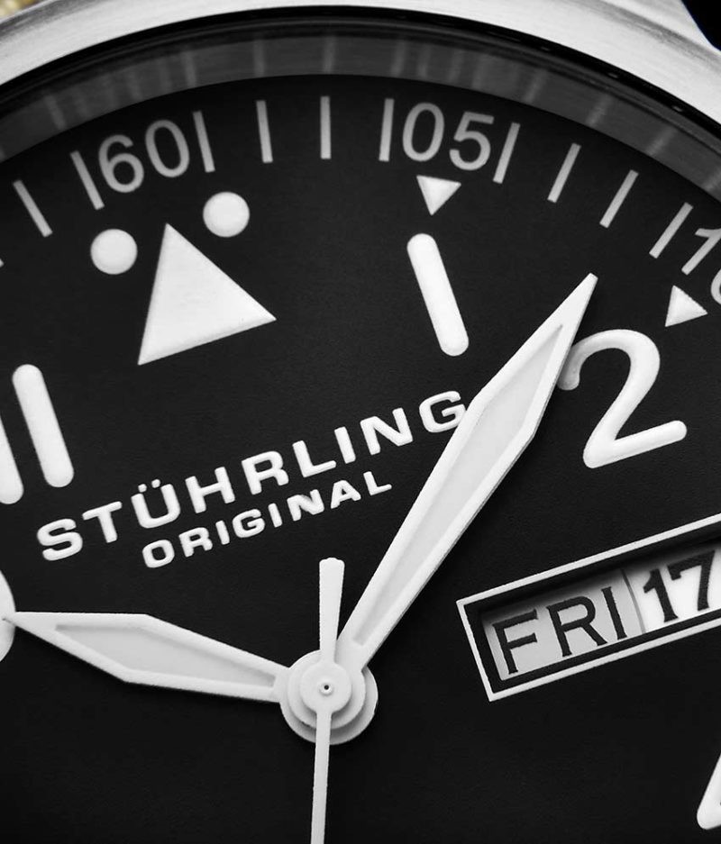 Stuhrling 3913 2 Swiss Quartz Date Black Dial Black Leather Mens Watch
