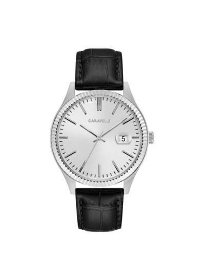 Caravelle Designed by Bulova Men's 43B150 Stainless Coin Edge Bezel Black Leather Strap Watch