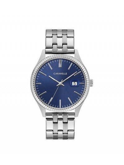 Caravelle Designed by Bulova Men's 43B151 Stainless Coin Edge Bezel Blue Dial Bracelet Watch