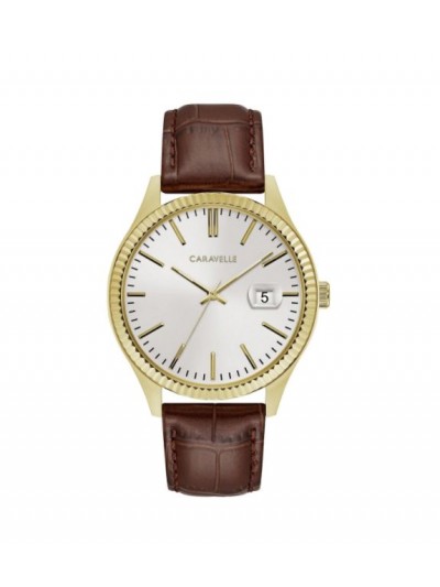 Caravelle Designed by Bulova Men's 44B115 Gold-Tone Stainless Coin-Edge Bezel Brown Leather Strap Watch