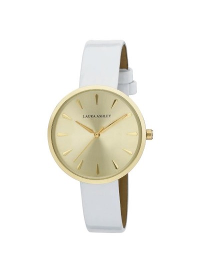 Laura Ashley Womens Gold Round Case With White Strap Watch