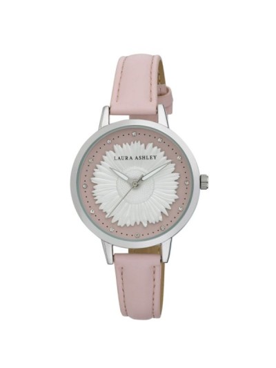 Laura Ashley Womens Silver Round "Sunflower" Dial Strap Watch