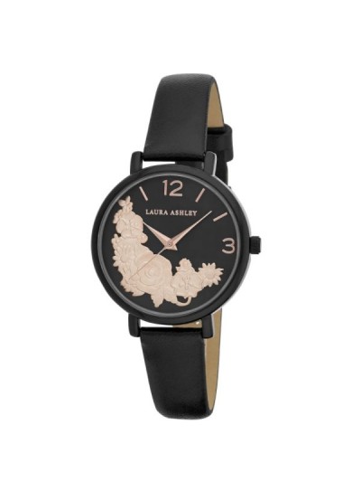 Laura Ashley Womens Black Round Floral Bounty Strap Watch