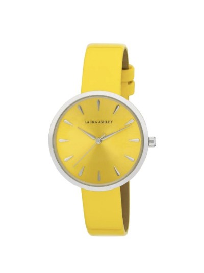Laura Ashley Womens Silver Round Case With Yellow Strap Watch