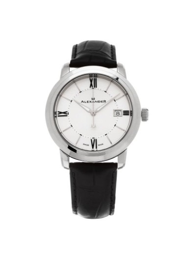 Alexander Men's 'Macedon' Silver Dial Black Leather Strap Date Swiss Quartz Heroic Watch