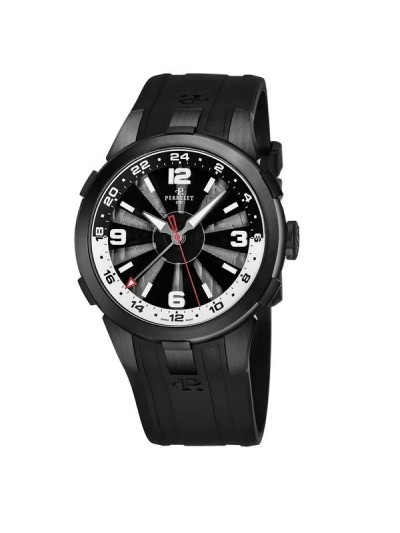 Perrelet Men's A1093/1 'Turbine GMT' Black/Silver Dial Black Rubber Strap Automatic Watch