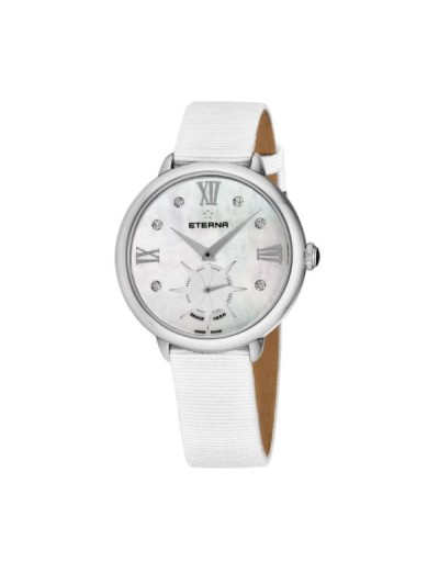 Eterna Women's 2801.41.66.1406 'Eternity' Mother of Pearl Diamond Dial White Gros Grain Strap Small Seconds Quartz Watch