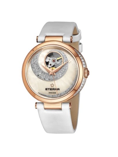 Eterna Women's 2943.60.69.1367 'Grace' White Mother of Pearl Open Art Diamond Dial White Satin Strap Automatic Watch