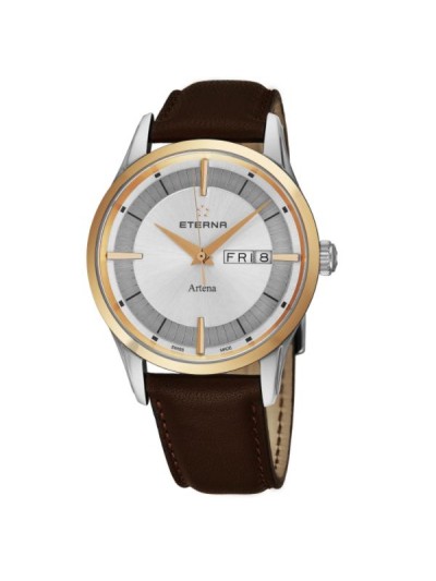 Eterna Men's 2525.53.11.1344 'Artena' Silver Dial Brown Leather Strap Two Tone Day Date Swiss Quartz Watch