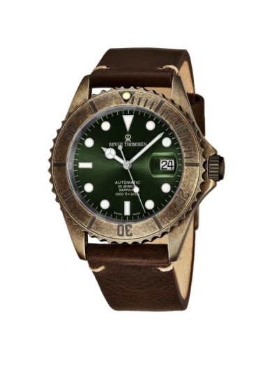 Revue Thommen 17571.2583 'Diver' Green Dial Black Leather Strap Date Automatic Watch