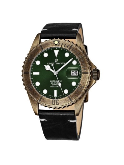 Revue Thommen 17571.2583 'Diver' Green Dial Black Leather Strap Date Automatic Watch