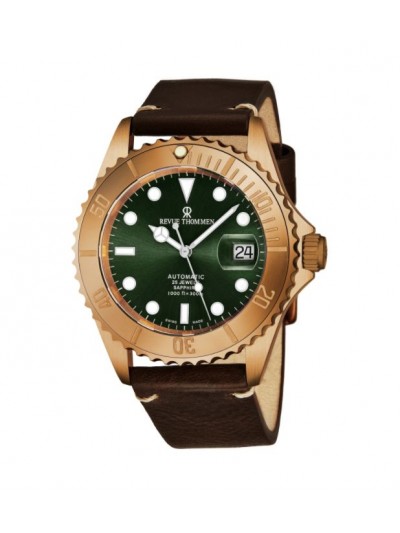 Revue Thommen Men's 17571.2594 'Diver' Green Dial Brown Leather Strap Bronze/Steel Automatic Watch