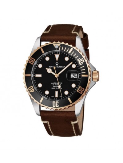 Revue Thommen Men's 17571.2557 'Diver' Black Dial Light Brown Leather Strap Two Tone Swiss Automatic Watch