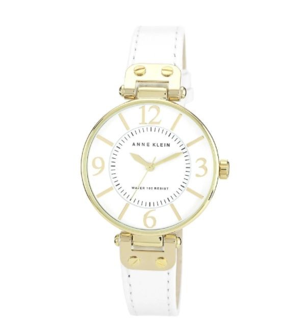 Anne Klein Women's Steel and White Leather Strap Watch