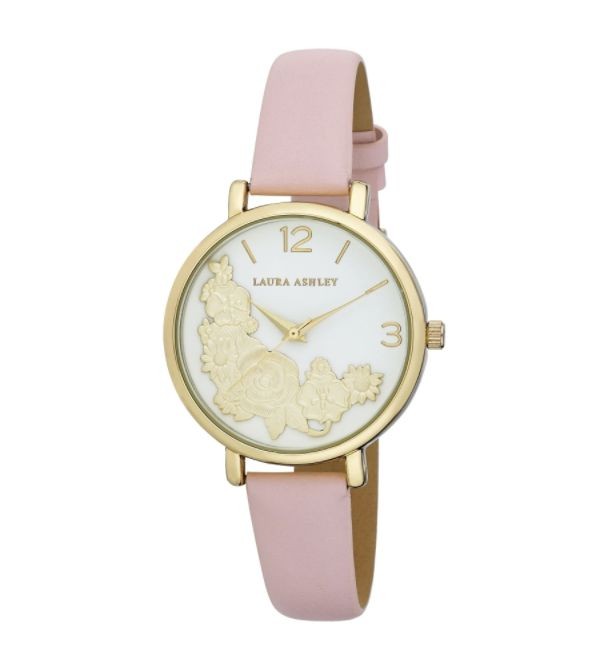 Laura Ashley Womens Gold Round Floral Bounty Strap Watch