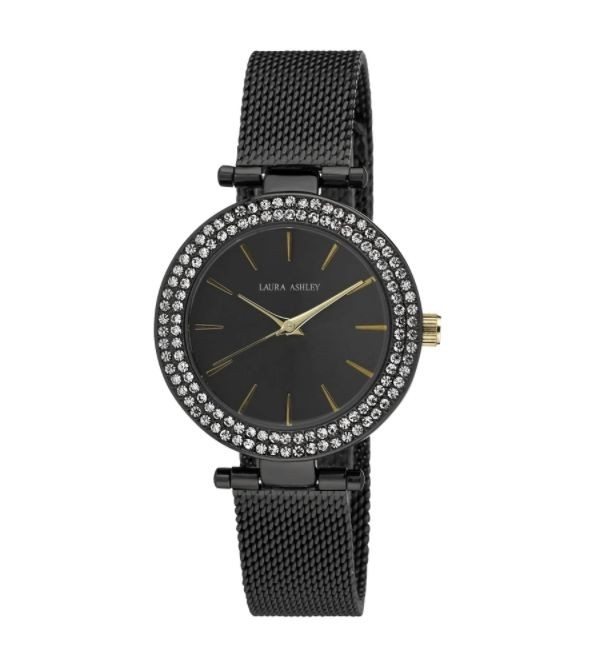 Laura Ashley Ladies Black T-Bar Case Double Stone Bezel Mesh Band Watch