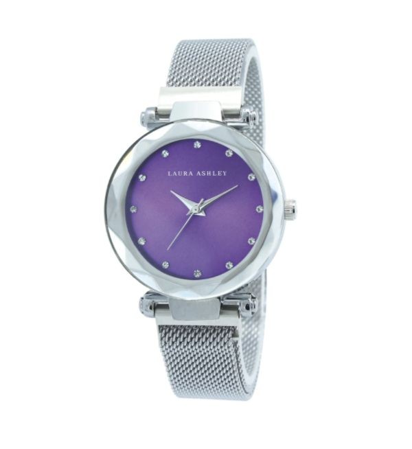 Laura Ashley Womens Silver Strap Purple Dial Facet Bezel Magnet Closure Watch