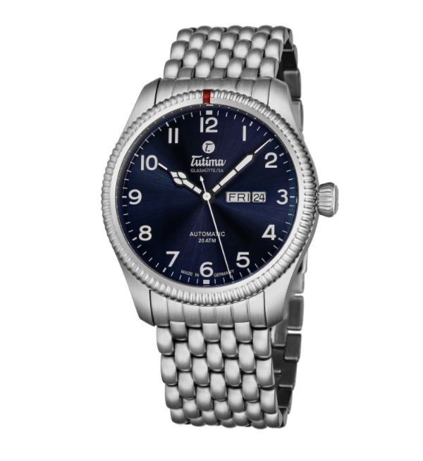 Tutima Men's 6102-6 'Grand Flieger' Blue Dial Stainless Steel Date Day German Mechanical Automatic Watch