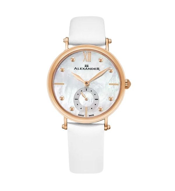 Alexander Women's Swiss Made Roxana White Satin Leather Strap Watch