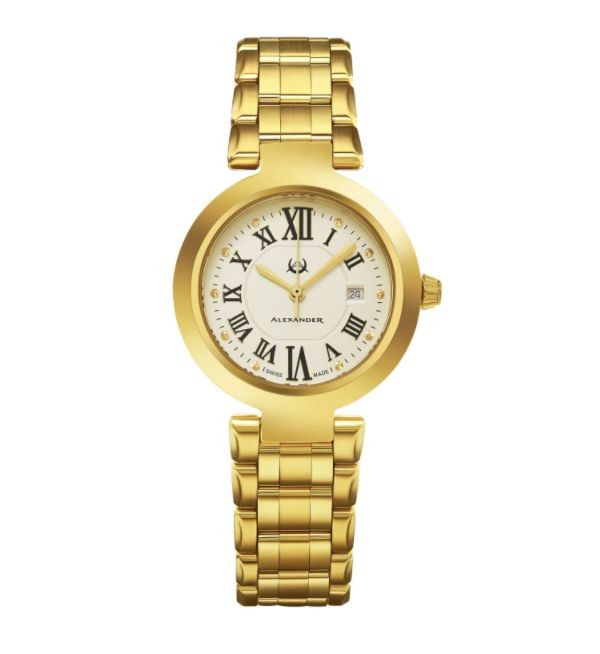 Alexander Women's Swiss Made Niki Gold Tone Stainless Steel Link Bracelet Watch