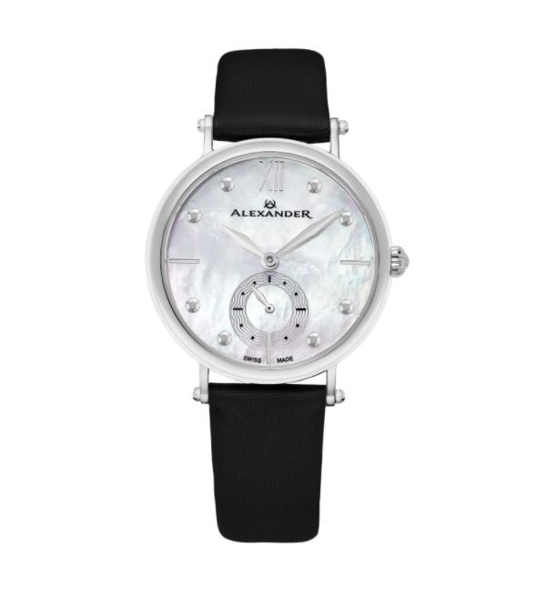 Alexander Women's Swiss Made Roxana Black Satin Leather Strap Watch