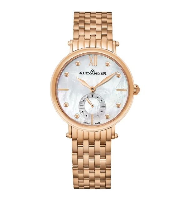 Alexander Women's Swiss Made 'Roxana' Rose Tone Stainless Steel Link Bracelet Watch