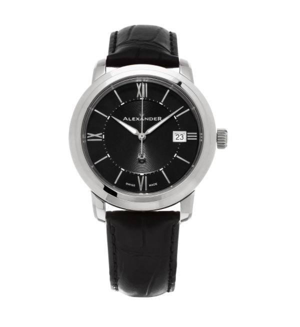 Alexander Men's 'Macedon' Black Dial Black Leather Strap Date Swiss Quartz Heroic Watch