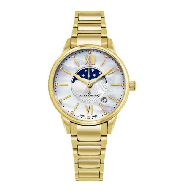 Alexander Women's Swiss Made Moonphase 'Vassilis' Gold Tone Stainless Steel Link Bracelet Watch