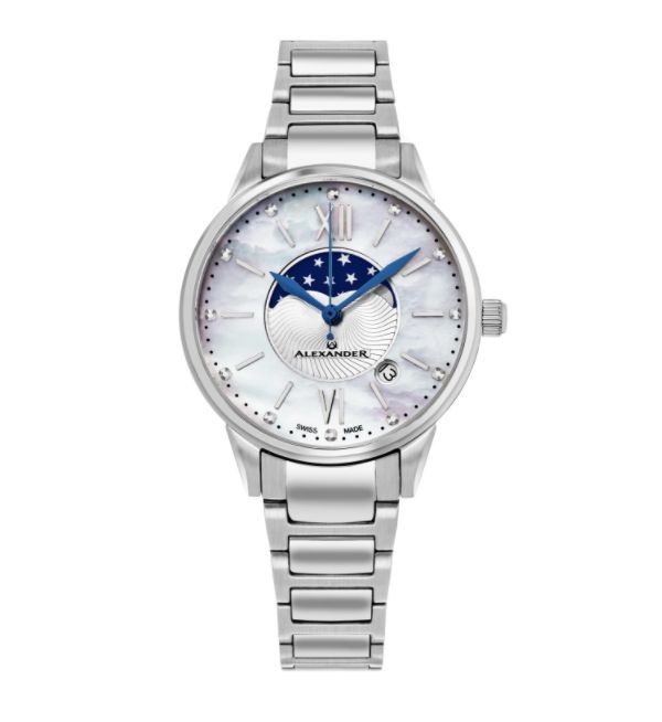 Alexander Women's Swiss Made Moonphase Vassilis Stainless Steel Link Bracelet Watch