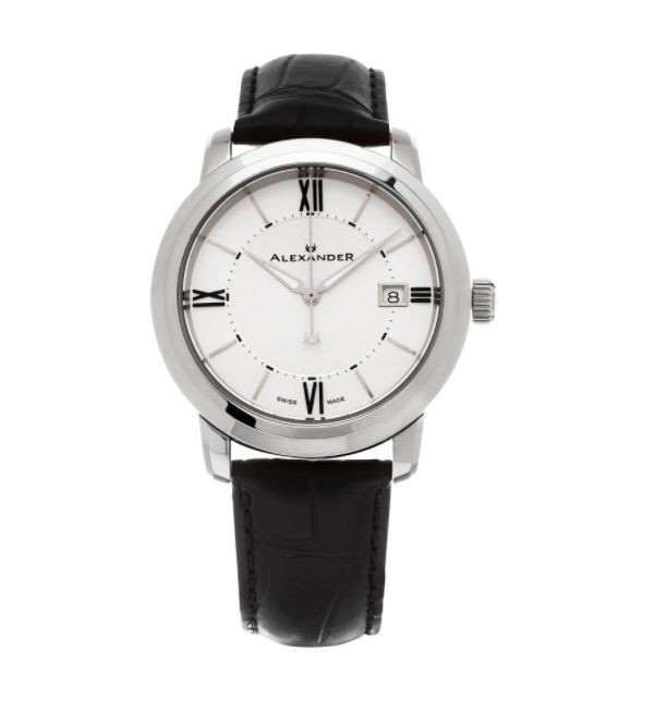 Alexander Men's 'Macedon' Silver Dial Black Leather Strap Date Swiss Quartz Heroic Watch