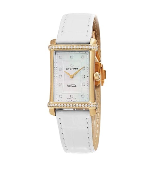 Eterna Women's 2410.77.67.1224 'Contessa' Mother of Pearl Diamond Dial White Leather Strap Gold Swis