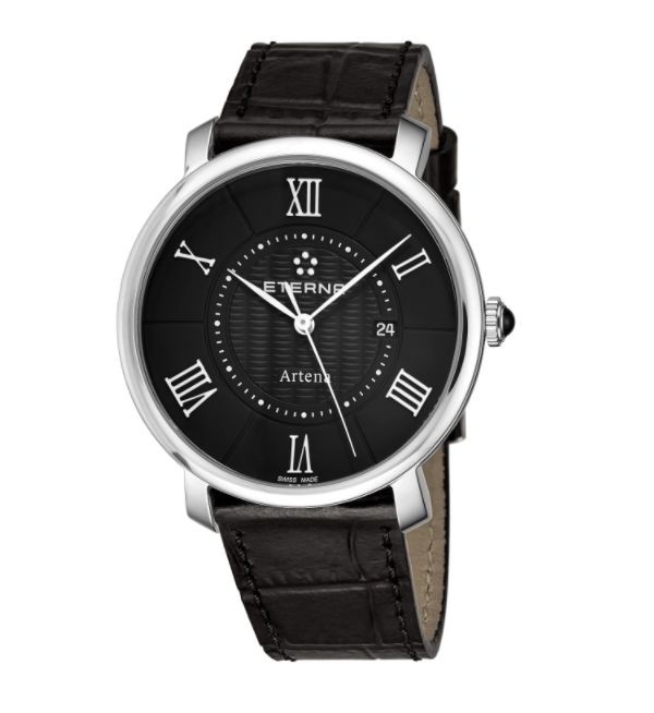 Eterna Men's 2510.41.45.1251 'Artena' Black Dial Black Leather Strap Quartz Swiss Made Watch