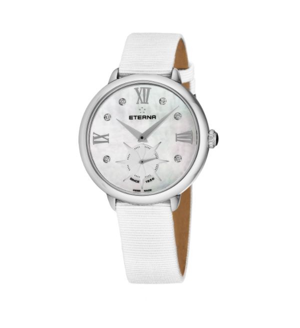 Eterna Women's 2801.41.66.1406 'Eternity' Mother of Pearl Diamond Dial White Gros Grain Strap Small Seconds Quartz Watch