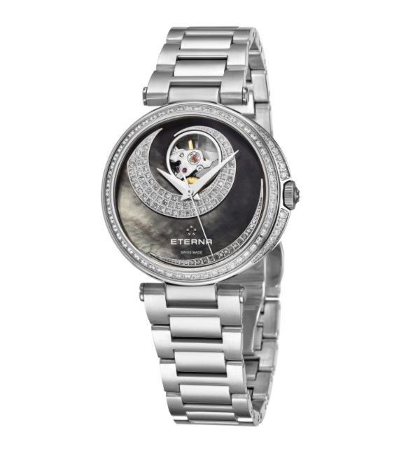 Eterna Women's 2943.58.89.1729 'Grace' Black Mother of Pearl Open Art Diamond Dial Stainless Steel Automatic Watch