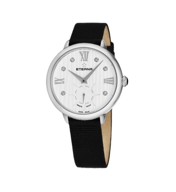 Eterna Women's 2801.41.96.1408 'Eternity' White Diamond Dial Black Gros Grain Strap Small Seconds Quartz Watch