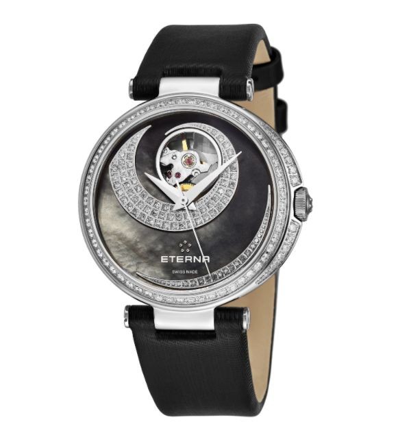 Eterna Women's 2943.54.89.1368 'Grace' Black Mother of Pearl Open Art Diamond Dial Black Satin Strap Automatic Watch